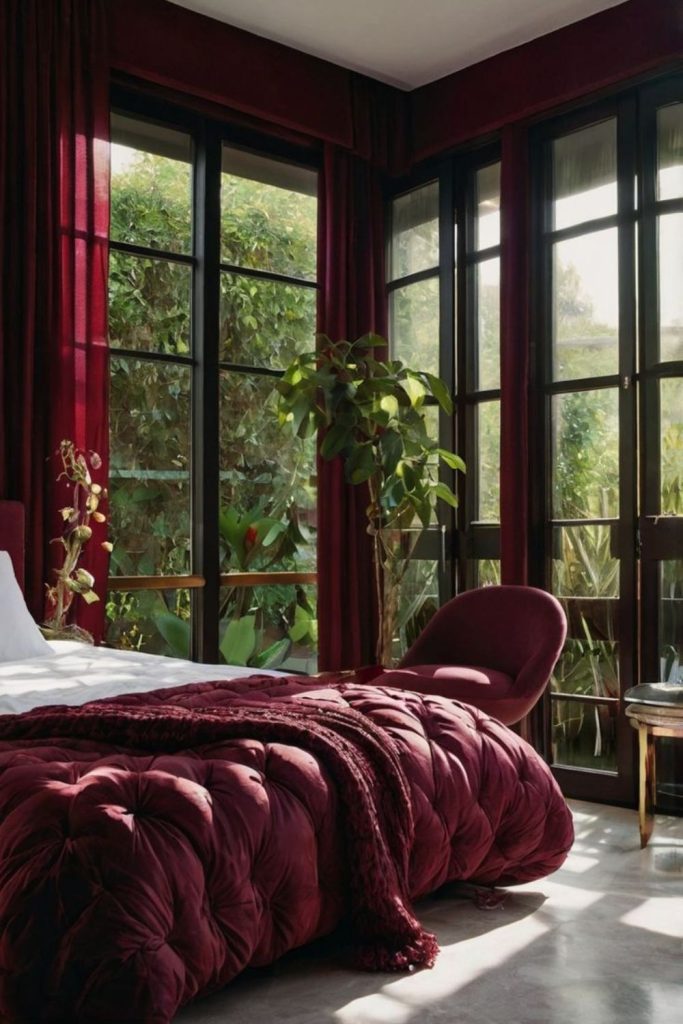 Misty burgundy parlor with calm lighting.