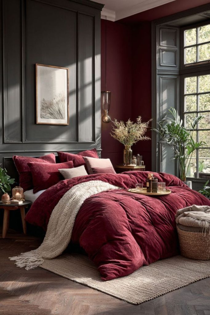 Burgundy noir chamber with dark contrasts.