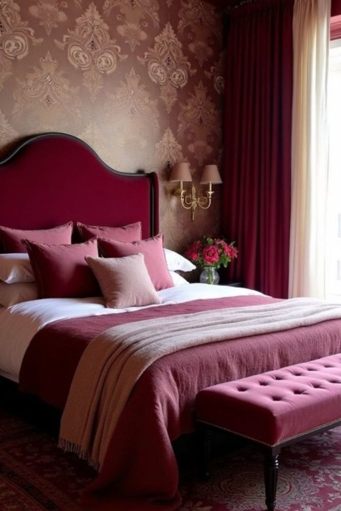 Silky burgundy room with luxe finishes.