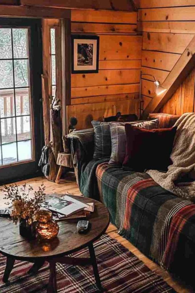 Cozy cabin interior with wooden beams