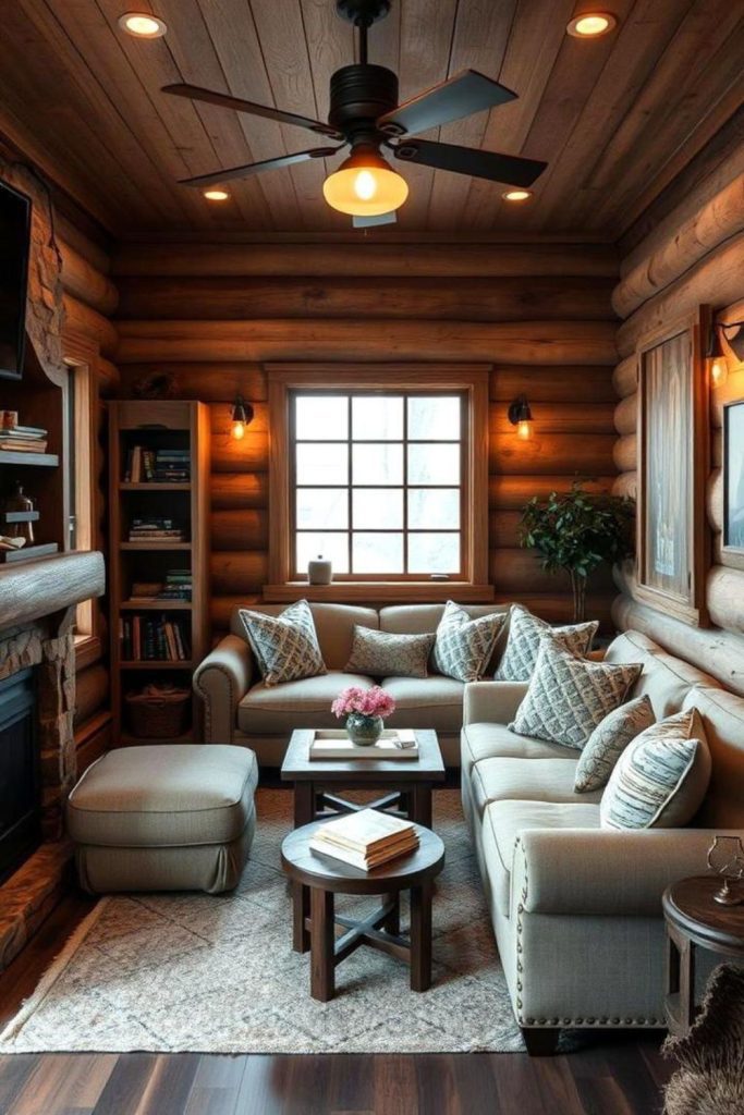 Cozy cabin living room warm atmosphere.