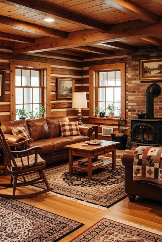 Cabin cozy living room with rugs
