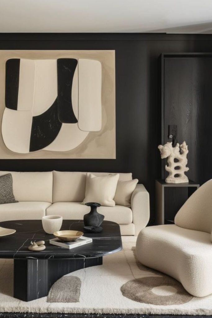 Beige plaster living room black sofa.
