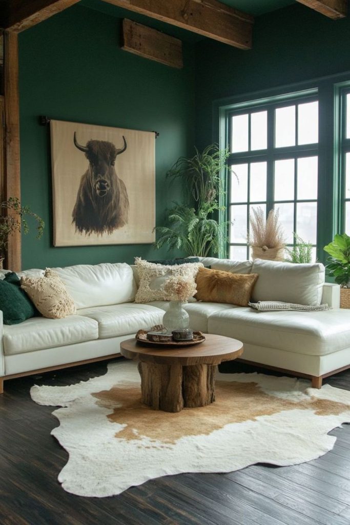 Pale green serene lounge with plants