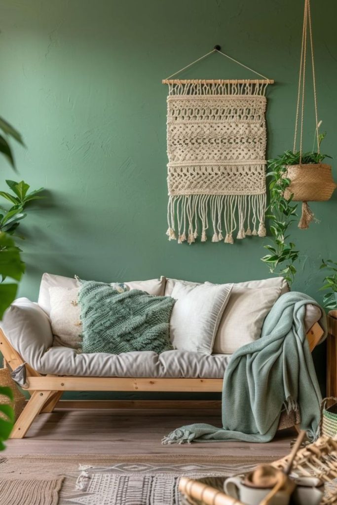 Soft green walls woven mats wooden stools