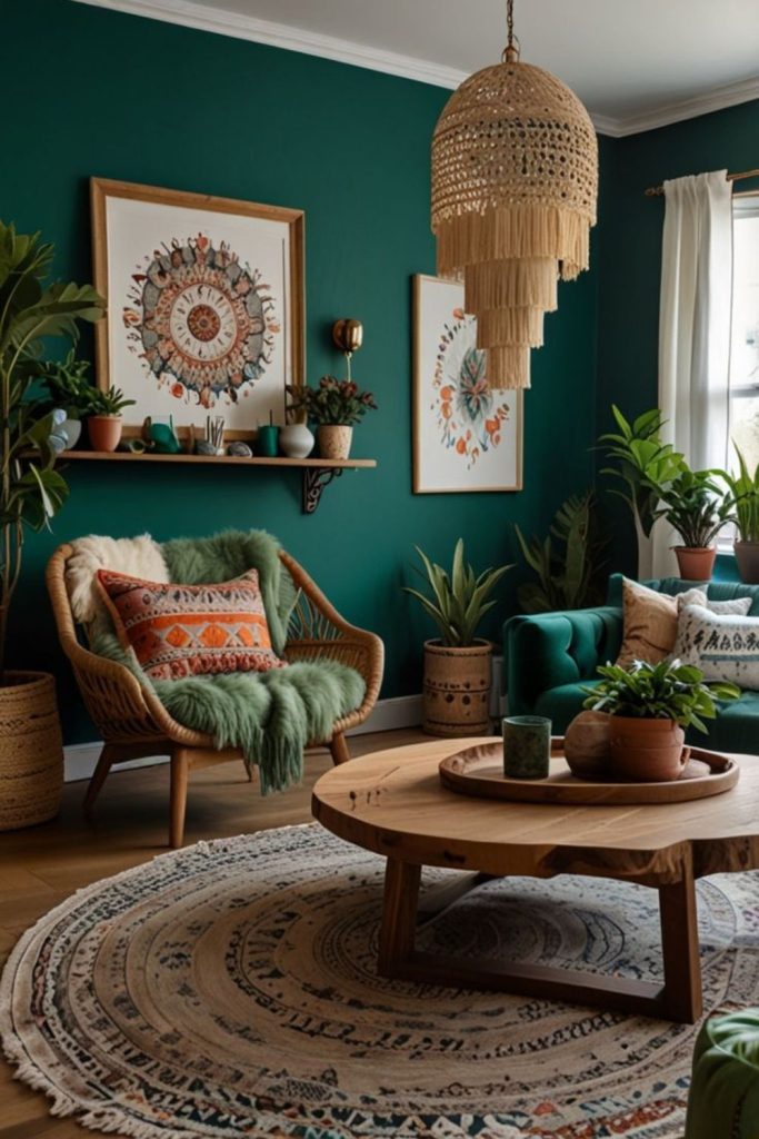 Green panels pillows lanterns rugs wooden pots