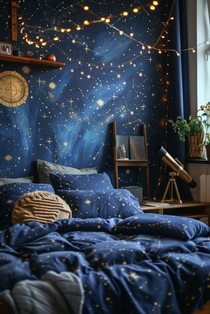 Starry night celestial themed bedding