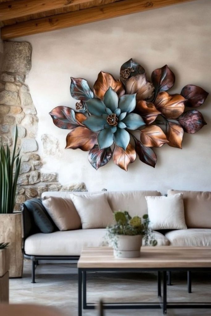 Clay blossoms protruding from wall in clusters