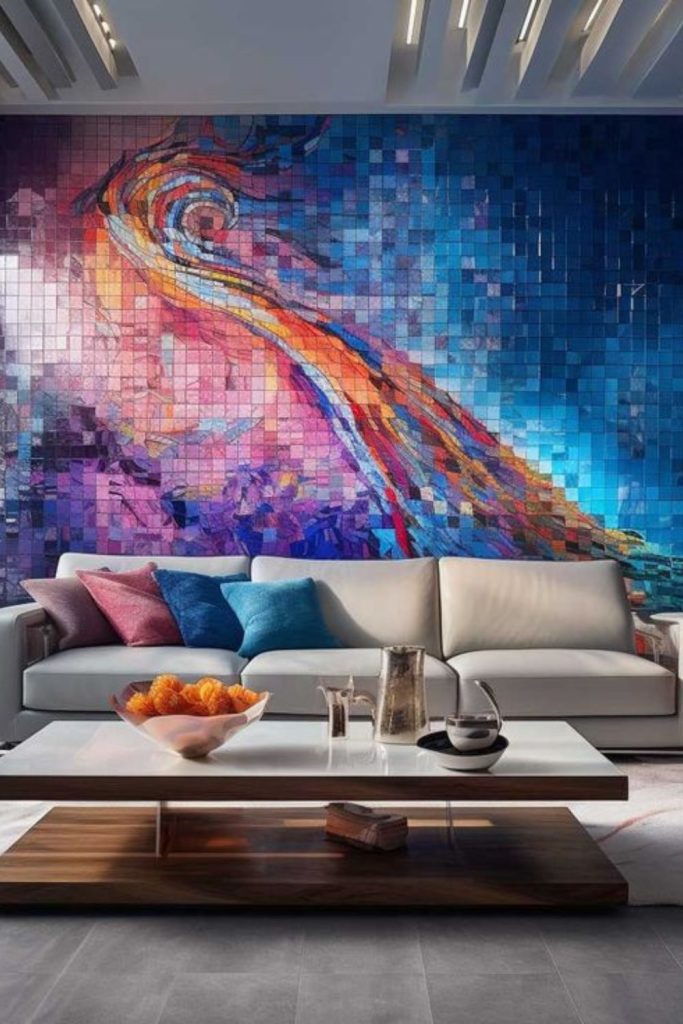 Broken ceramic pieces creating artistic mural