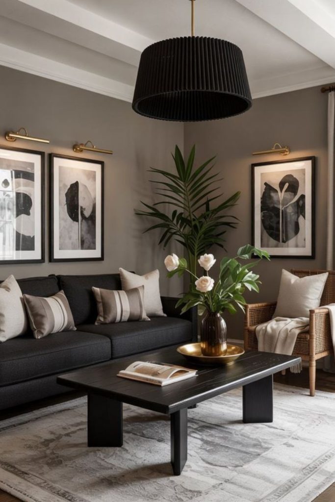 Soft beige room charcoal black accents.