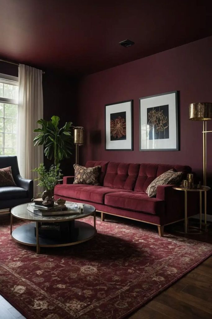 Modern burgundy studio with charcoal tones.