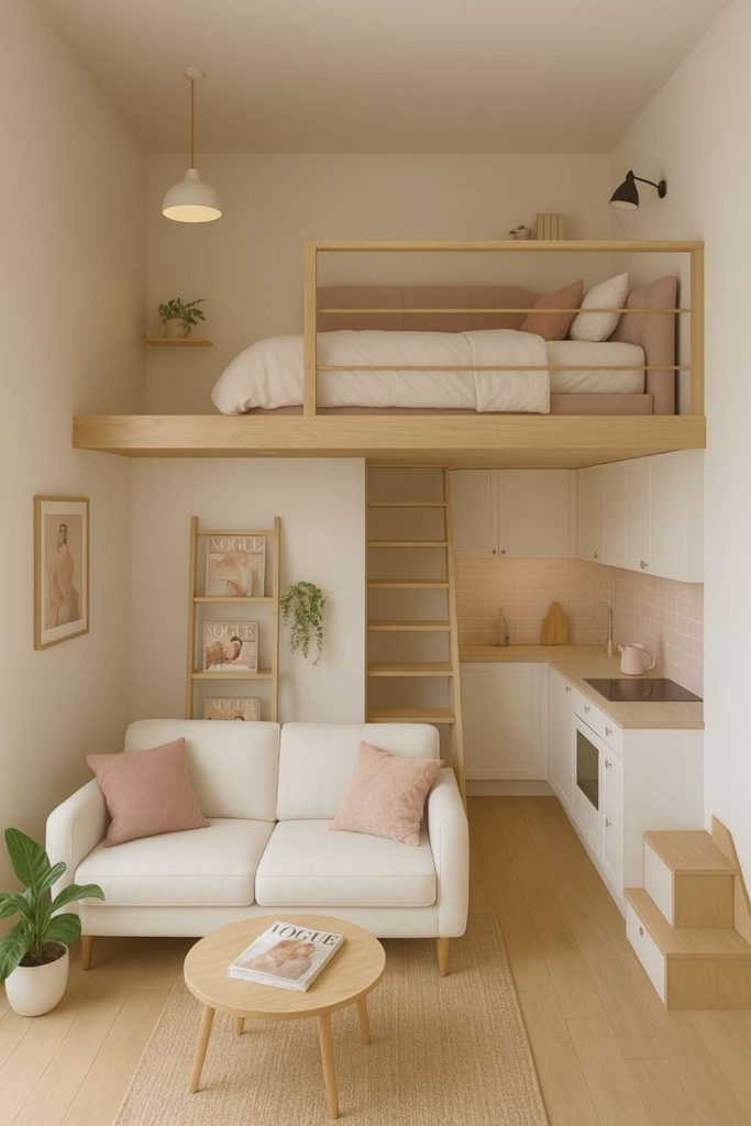 Lofted bed pastel cozy interior