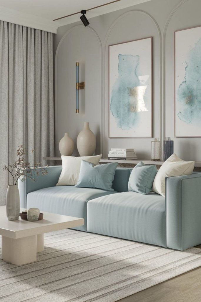 Soft blues and sandy textured decor.