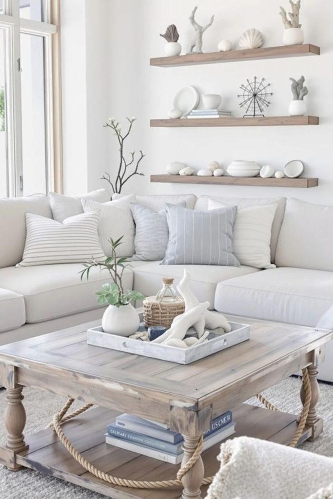 Airy blue coastal style rectangle lounge.