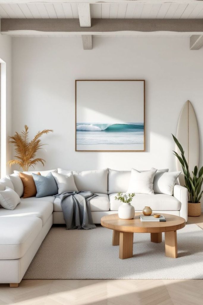 Beach-inspired rectangle living room brightened.