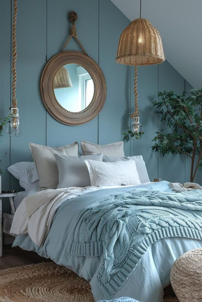 Muted aqua relaxed loft bedroom