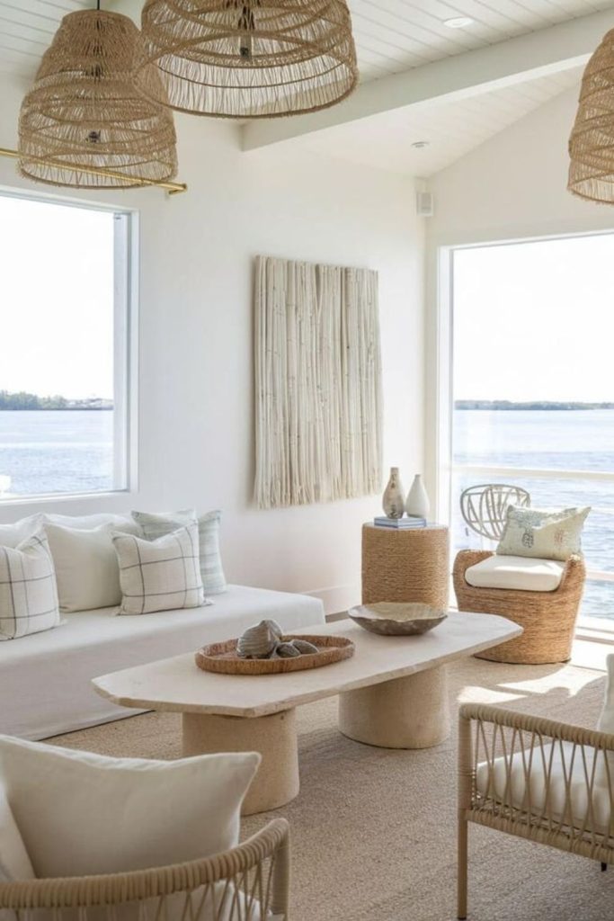 Rattan furniture with soft beach-inspired textures.