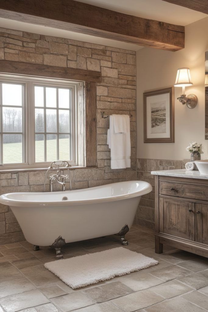 Cobblestone flooring rustic morning bath