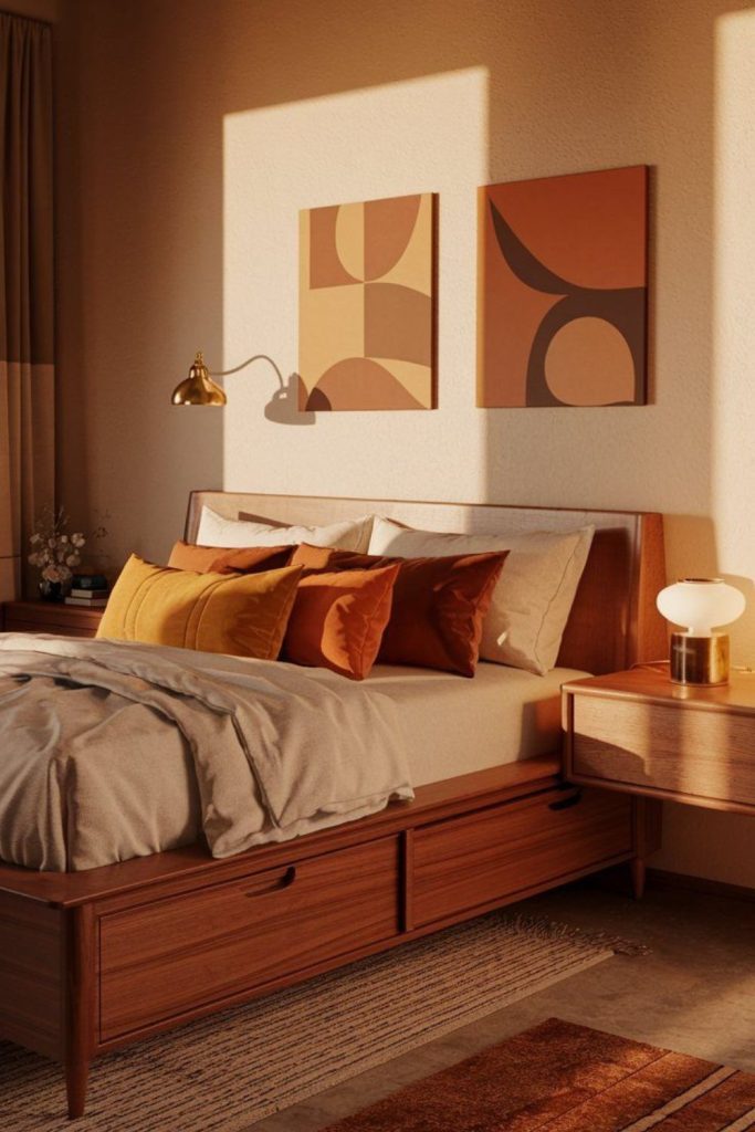 Cocoa toned mid century bedroom aesthetic
