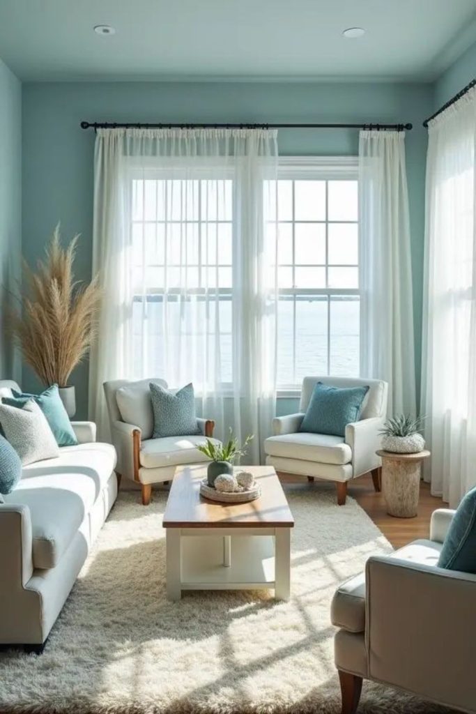 Pale aqua walls with light furniture