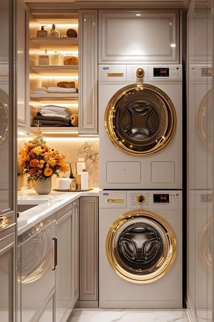 Glossy countertops gold handles compact luxury