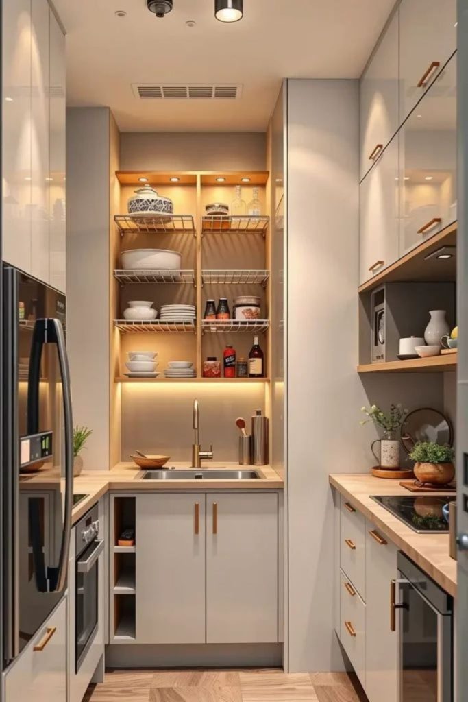 Sleek narrow kitchen with vertical storage
