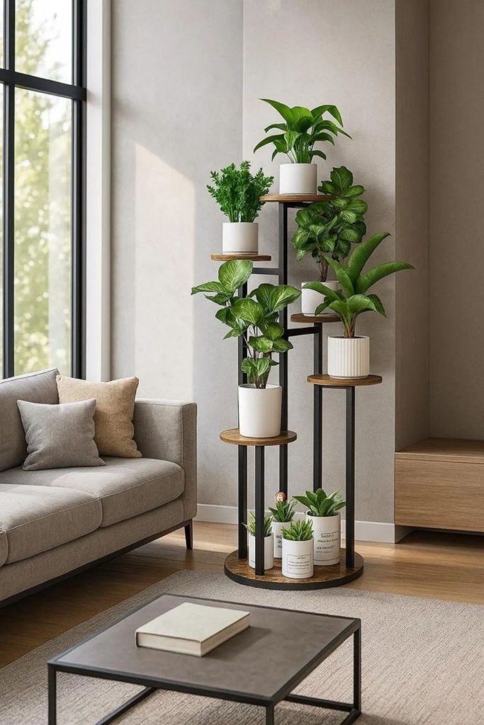 Towering plants with hanging planters indoors
