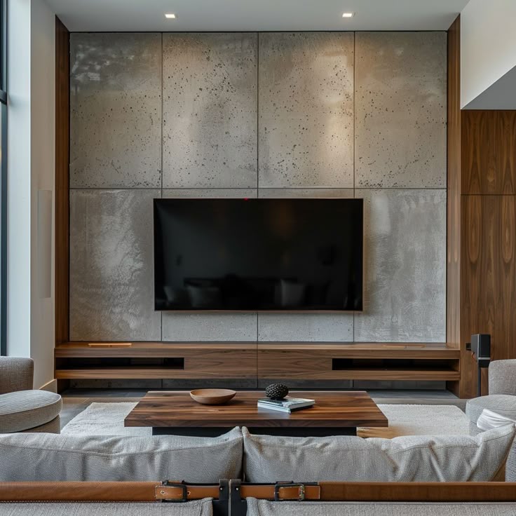 Alternating wood concrete TV wall fusion.
