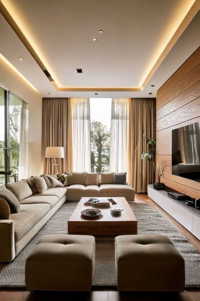 Sleek modern rectangular living room design.