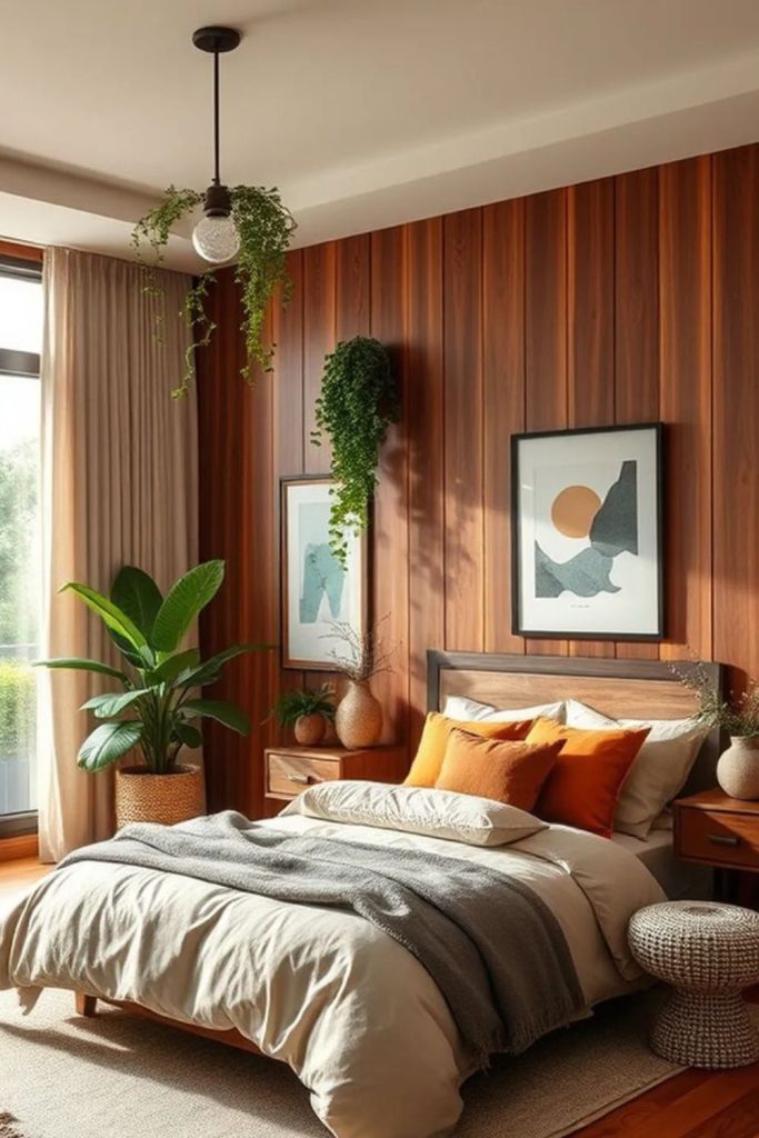Copper accent mid century bedroom decor