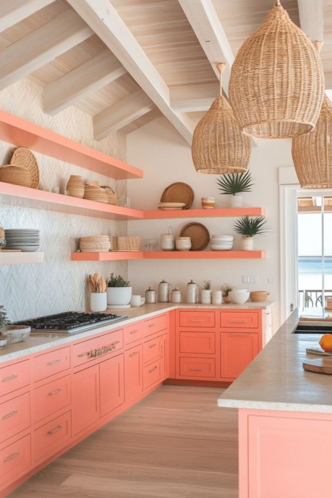 Coral pink kitchen with warm lighting