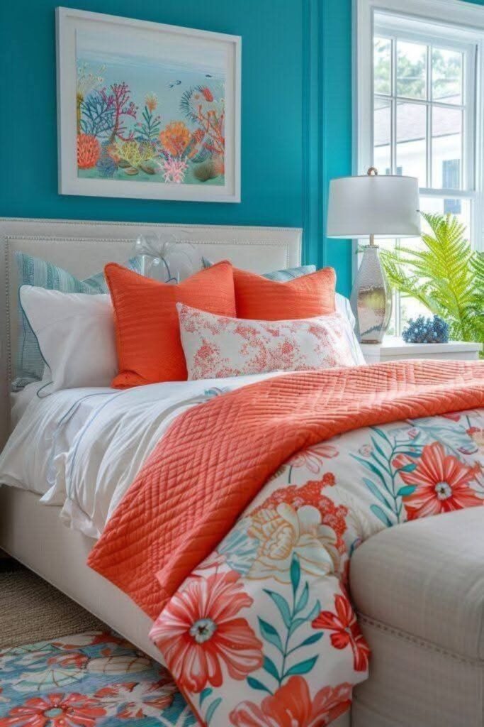 Vibrant coral reef inspired bedding