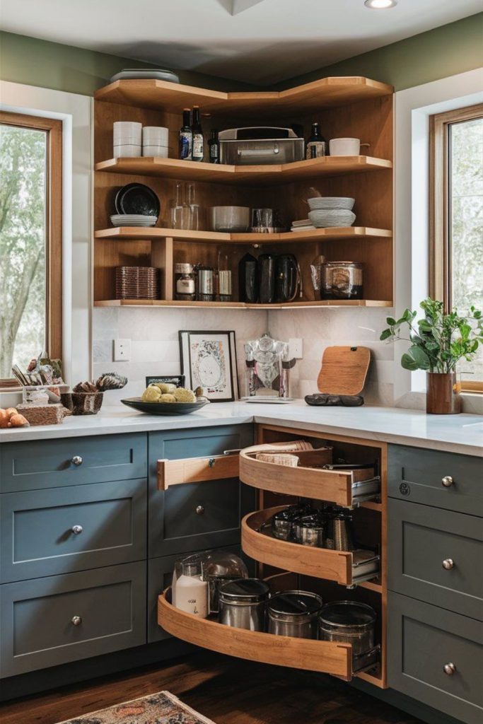 Efficient corner kitchen with rotating shelves