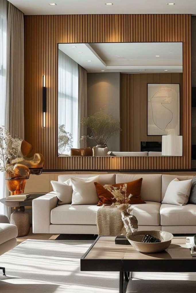 Rectangular lounge with velvet and mirrors.