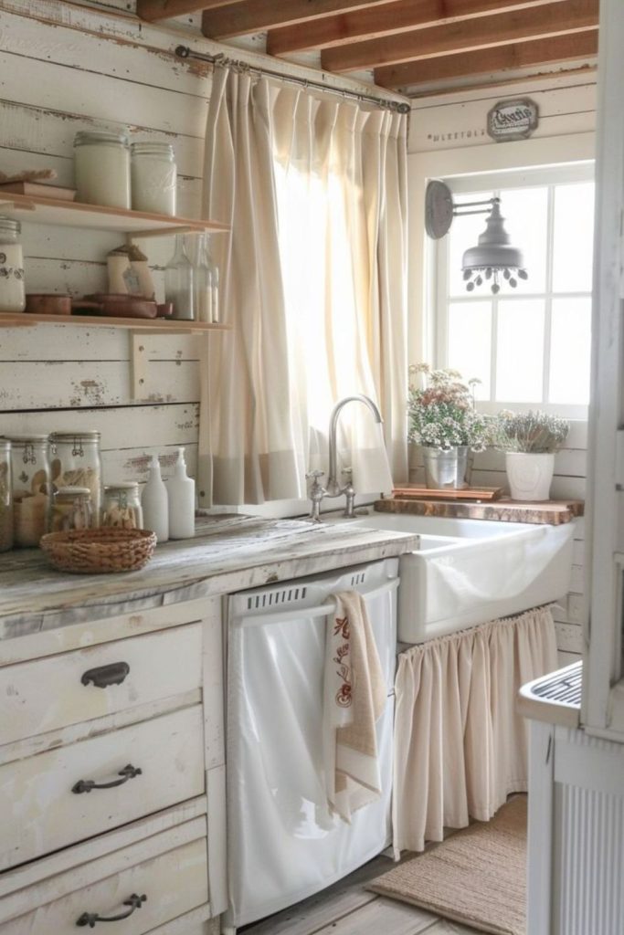 Cottage lace curtains wicker baskets pastel