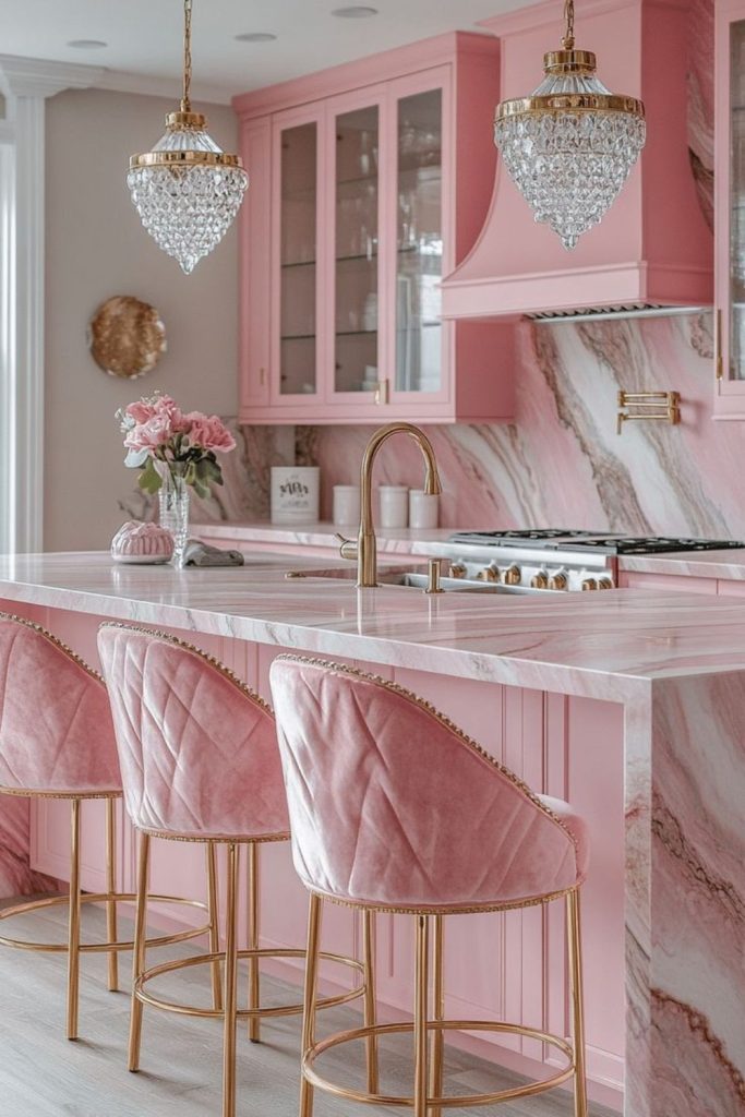 Playful pastel pink kitchen cabinets