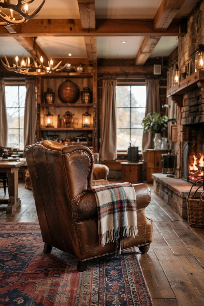 Countryside-inspired rustic interior with leather