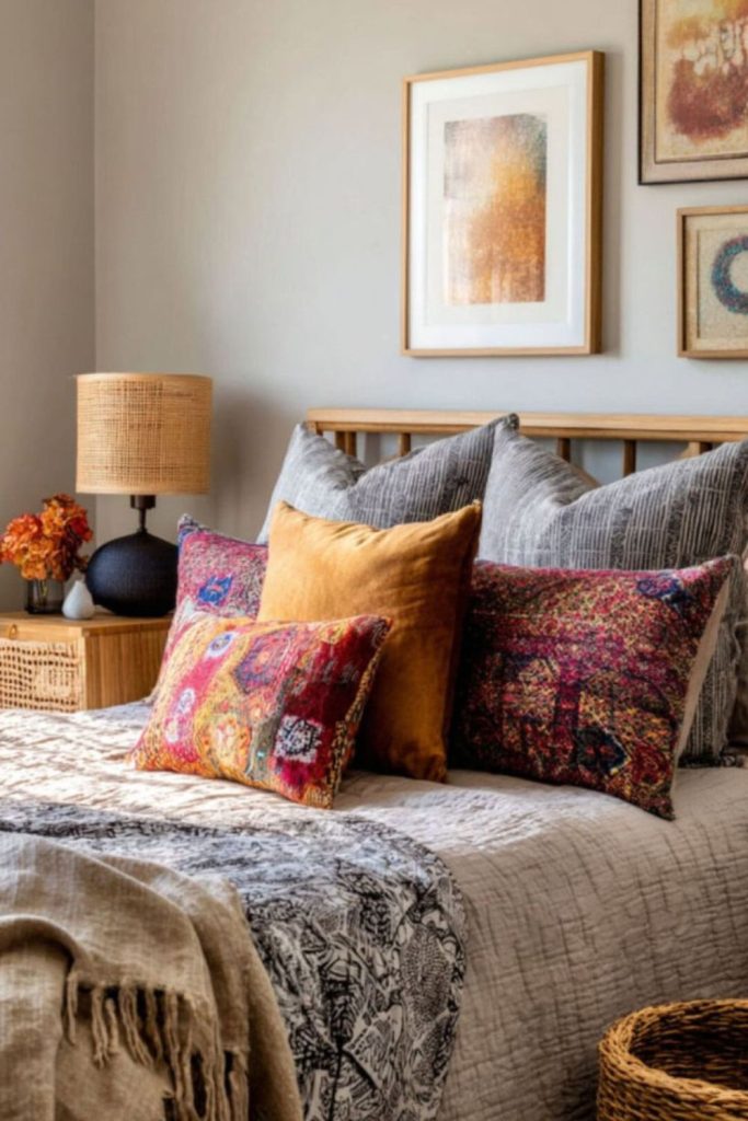 Bohemian cozy textured pillows warm