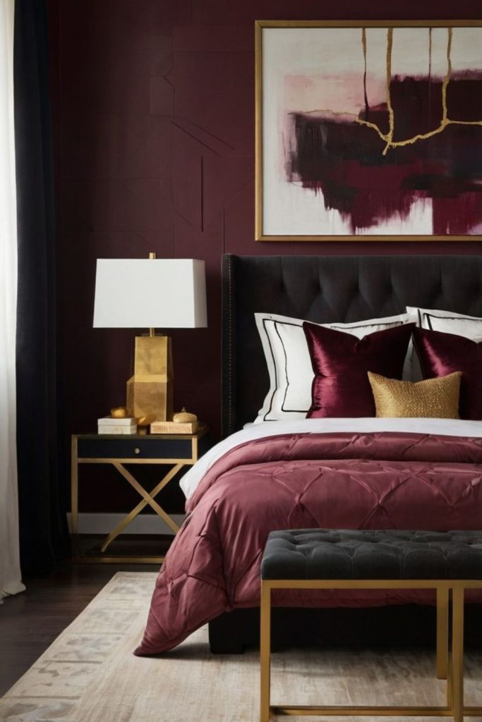 Deep velvet burgundy luxurious bedroom
