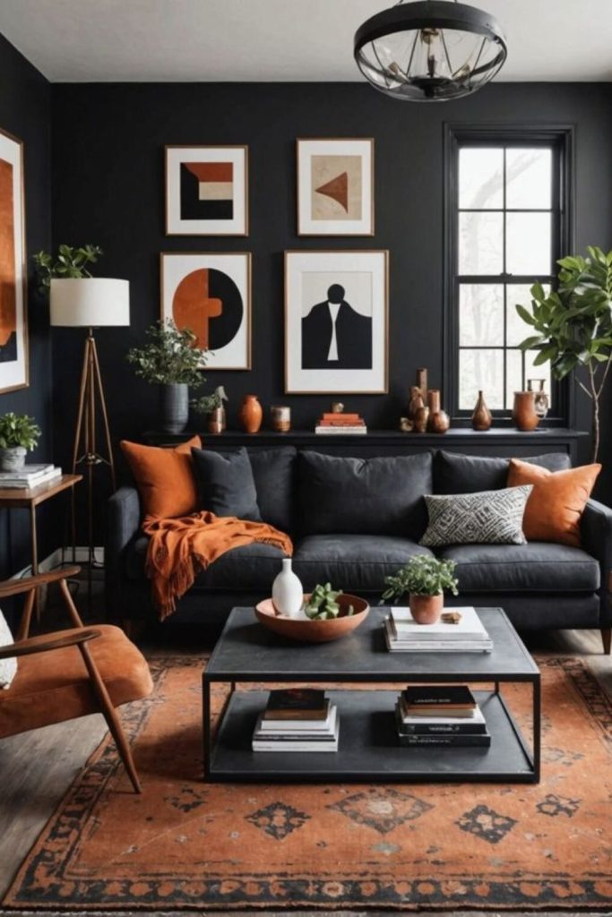 Shelving with curated oddities and sofas.