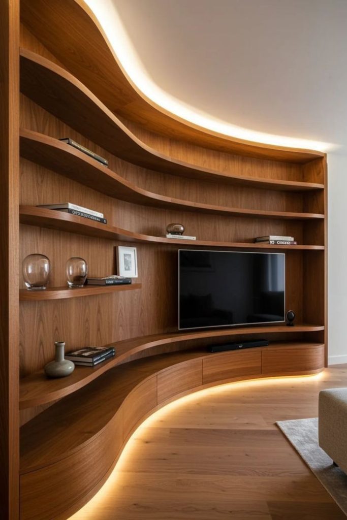 Semi-circular panels surround television elegant wall.