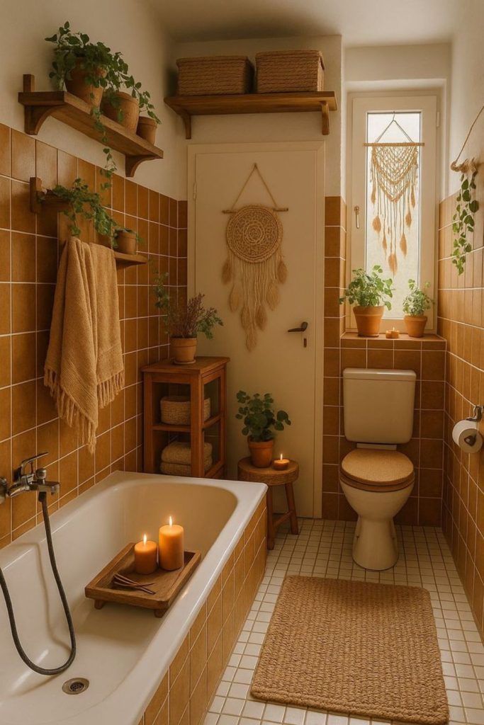 Dandelion-themed warm rustic bathroom