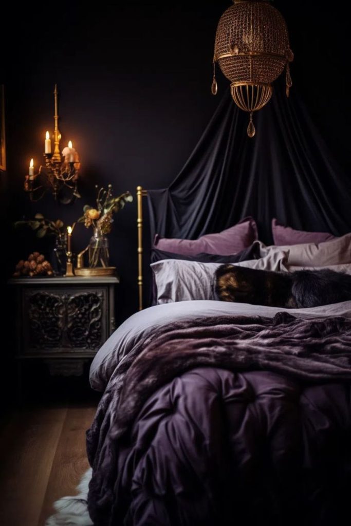 Violet and charcoal cocoon bedroom