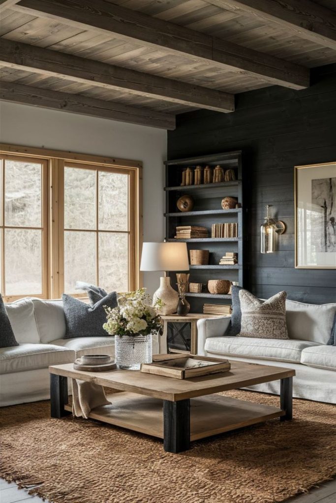 Moody dark rectangle living room ambiance.