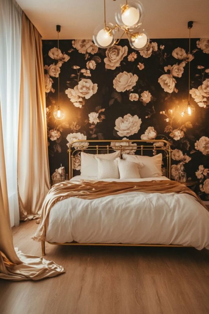 Charcoal floral bedroom with layered velvet