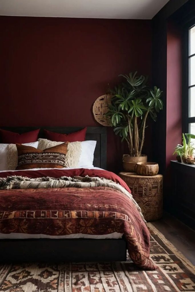 Dark cherry bohemian textured bedroom