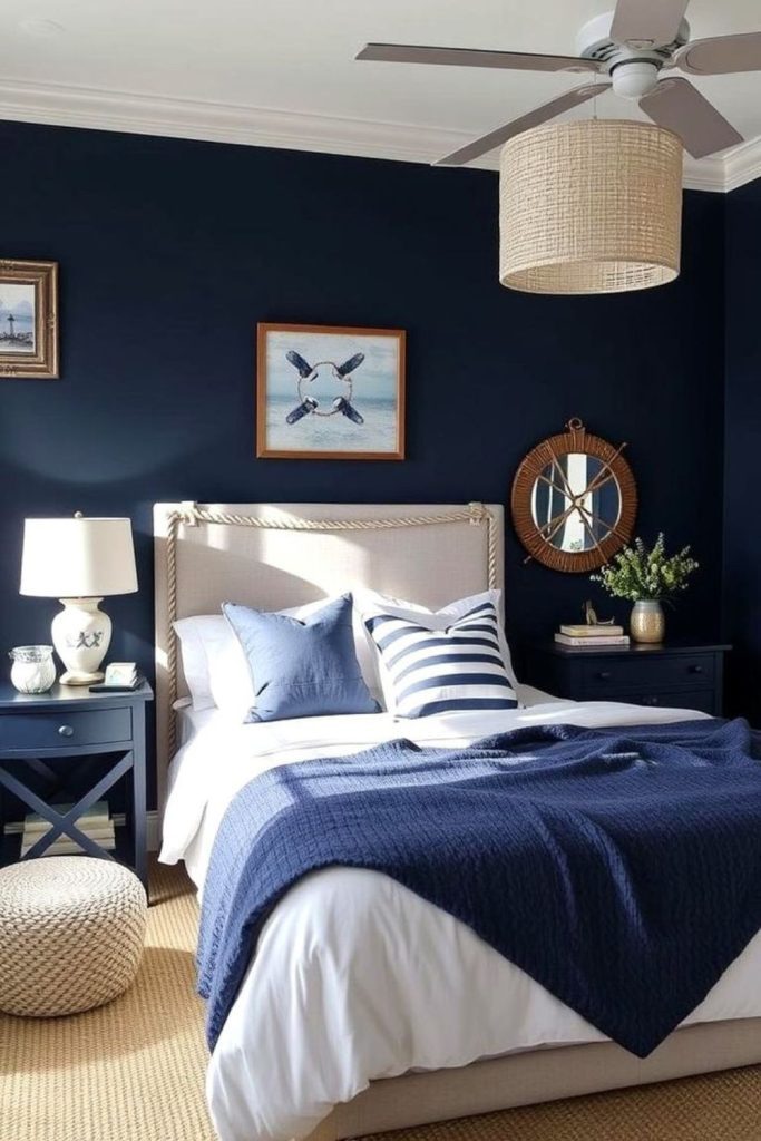 Muted sky-blue timber bedroom