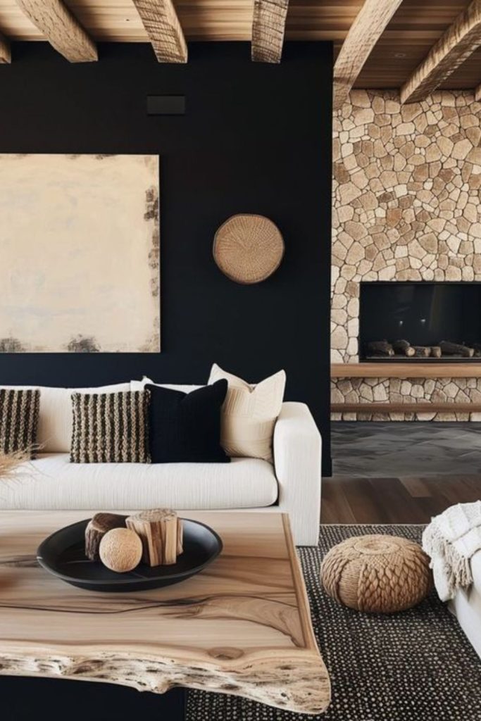 Warm desert beige room black sofa.