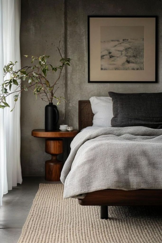 Slate neutral mid century modern bedroom