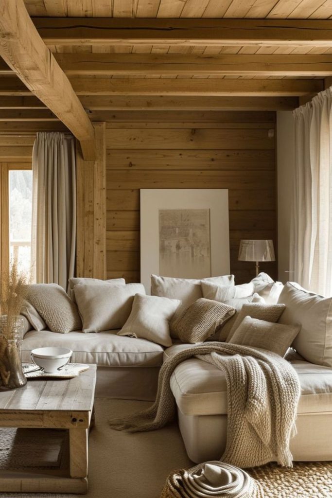 Rustic timber furniture with casual cozy warmth.